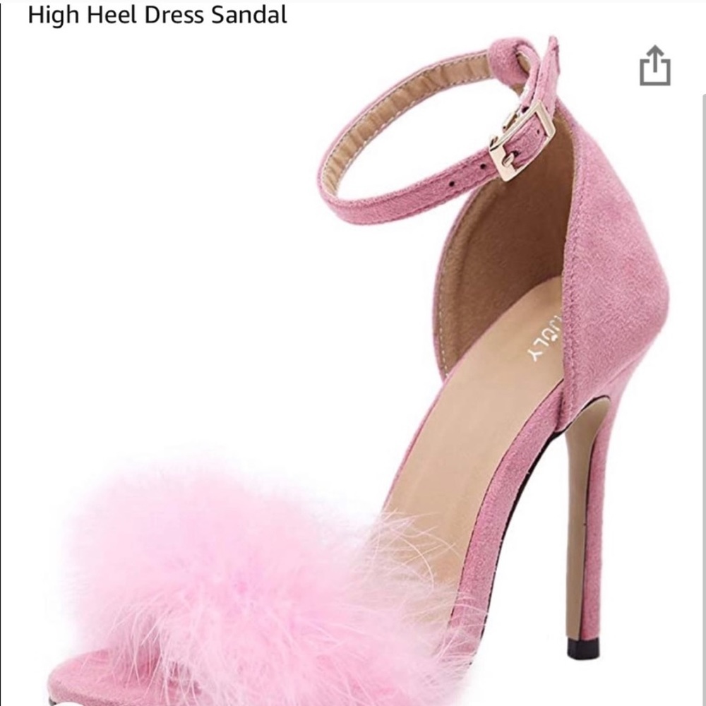 Open Toe Ankle Strap fluffy feather Pink Hight heels
